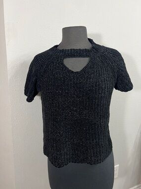 Woven Heart Black Textured Knit Top with Keyhole Detail